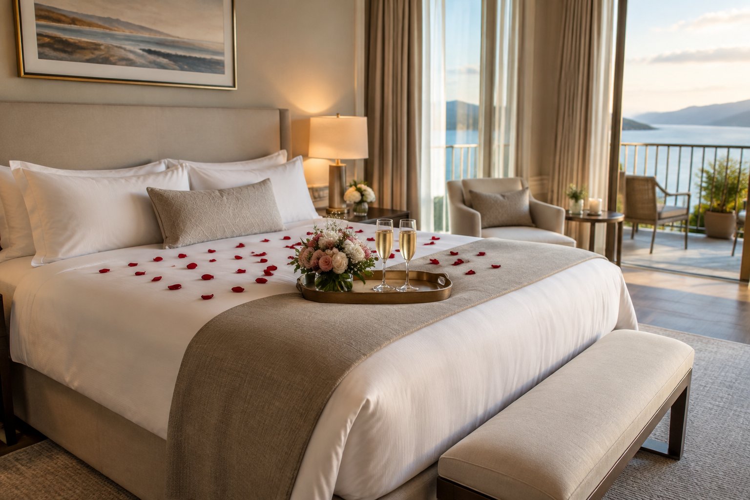 A romantic hotel suite with a flower-decorated bed, fresh flowers, and champagne flutes.