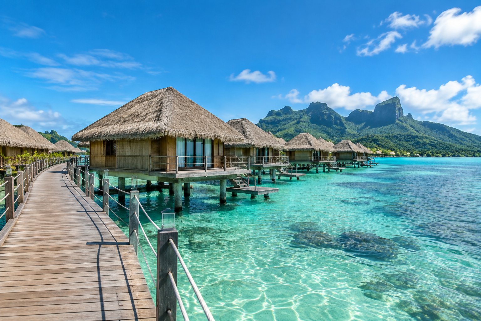 Overwater bungalows stand above a turquoise lagoon with a tropical island in the distance.