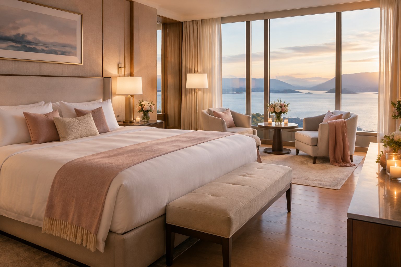 A bright hotel suite with a large bed, flowers, and a seating area by the windows.