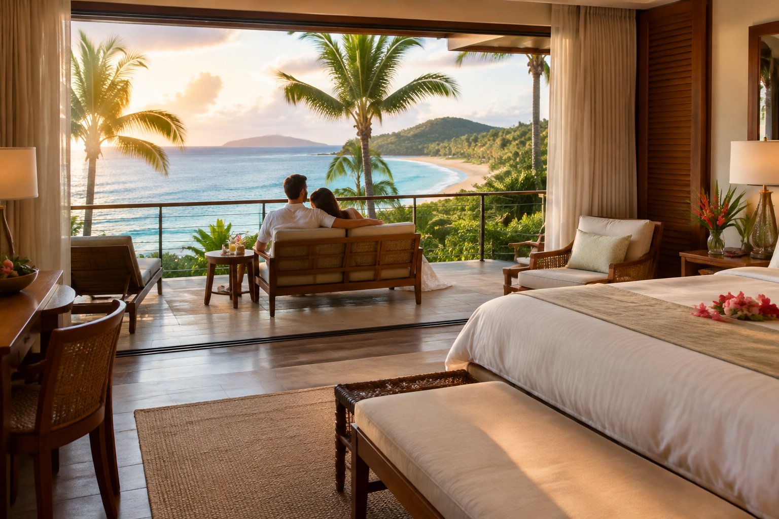A couple enjoys the view from a tropical hotel suite overlooking the beach.