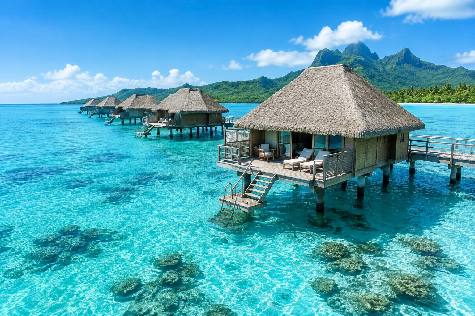 Overwater bungalows stand above a turquoise Tahitian lagoon with green mountains in the distance.