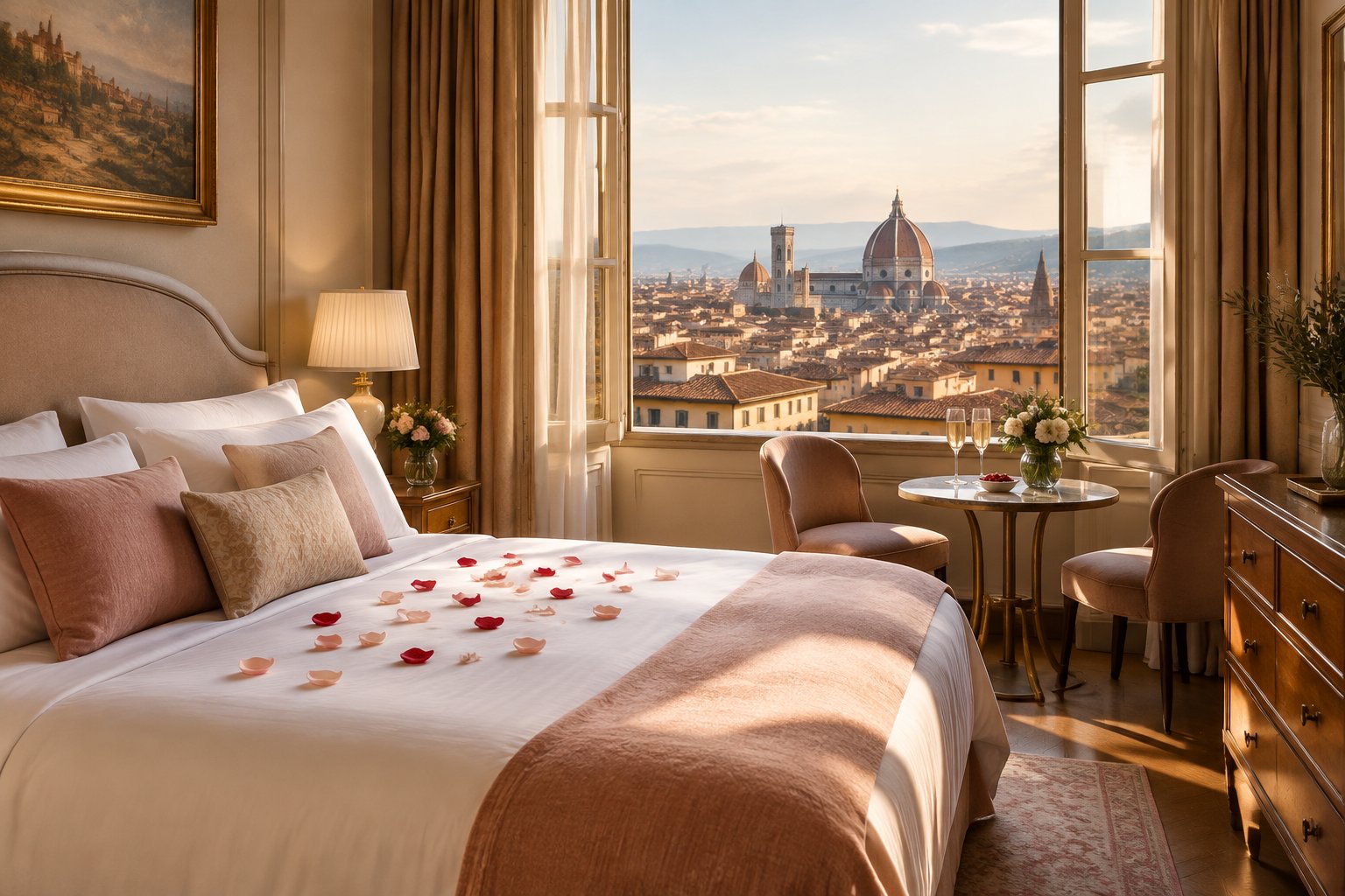A romantic hotel room with a flower-adorned bed and a view of European rooftops.