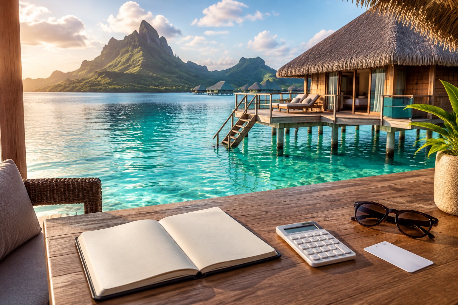 An overwater bungalow above a turquoise Tahitian lagoon, with a notebook and calculator on the deck.