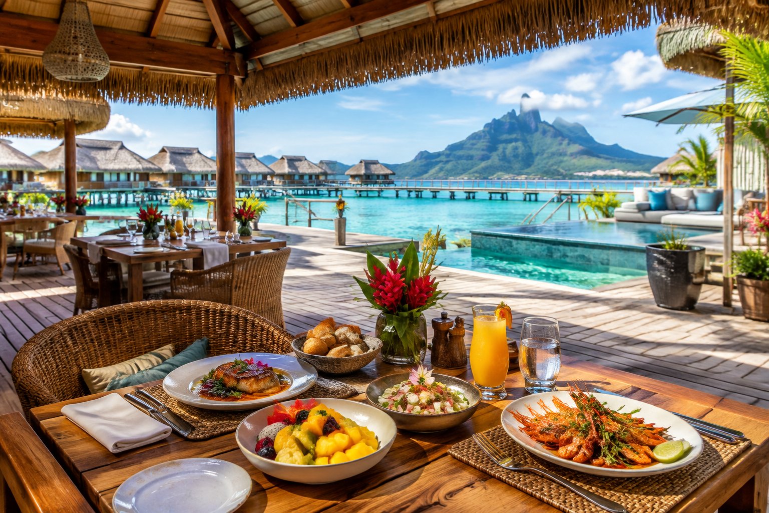 An open-air restaurant above a turquoise lagoon, with tropical dishes and overwater bungalows in the background.