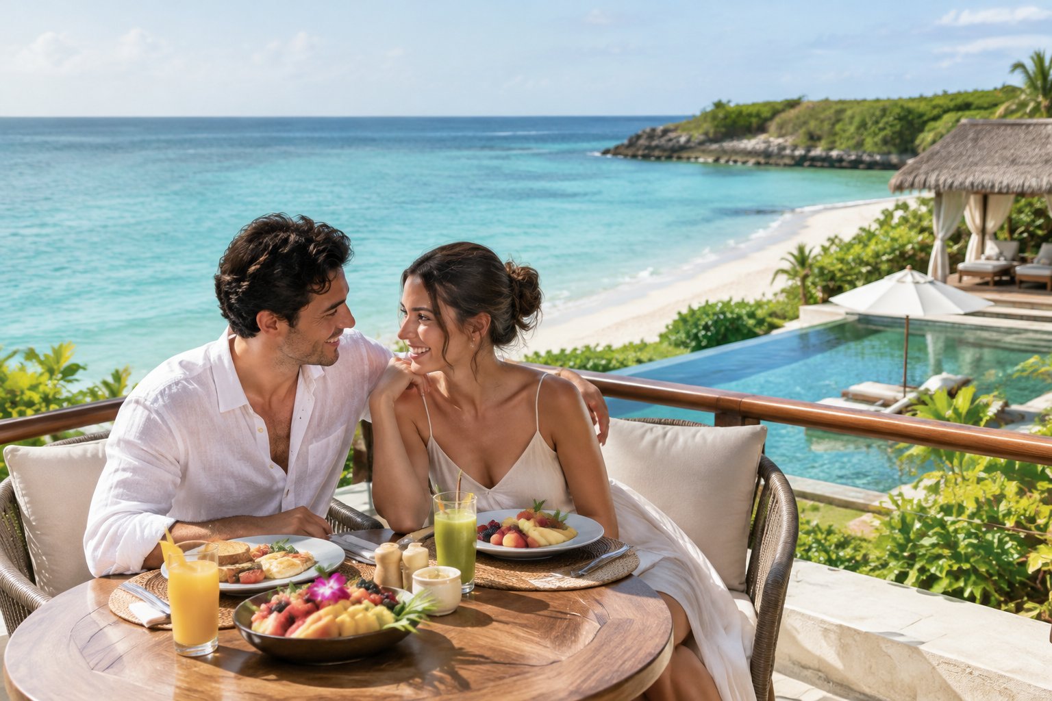 A newlywed couple shares breakfast on a terrace overlooking a tropical beach.