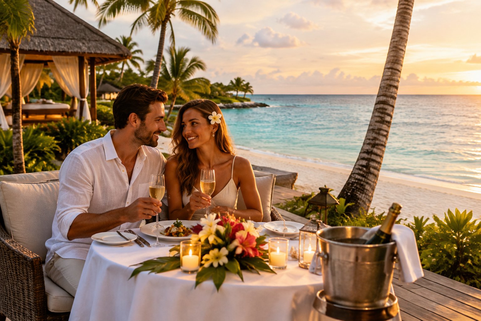 A couple shares a candlelit dinner on a tropical beachside resort terrace.
