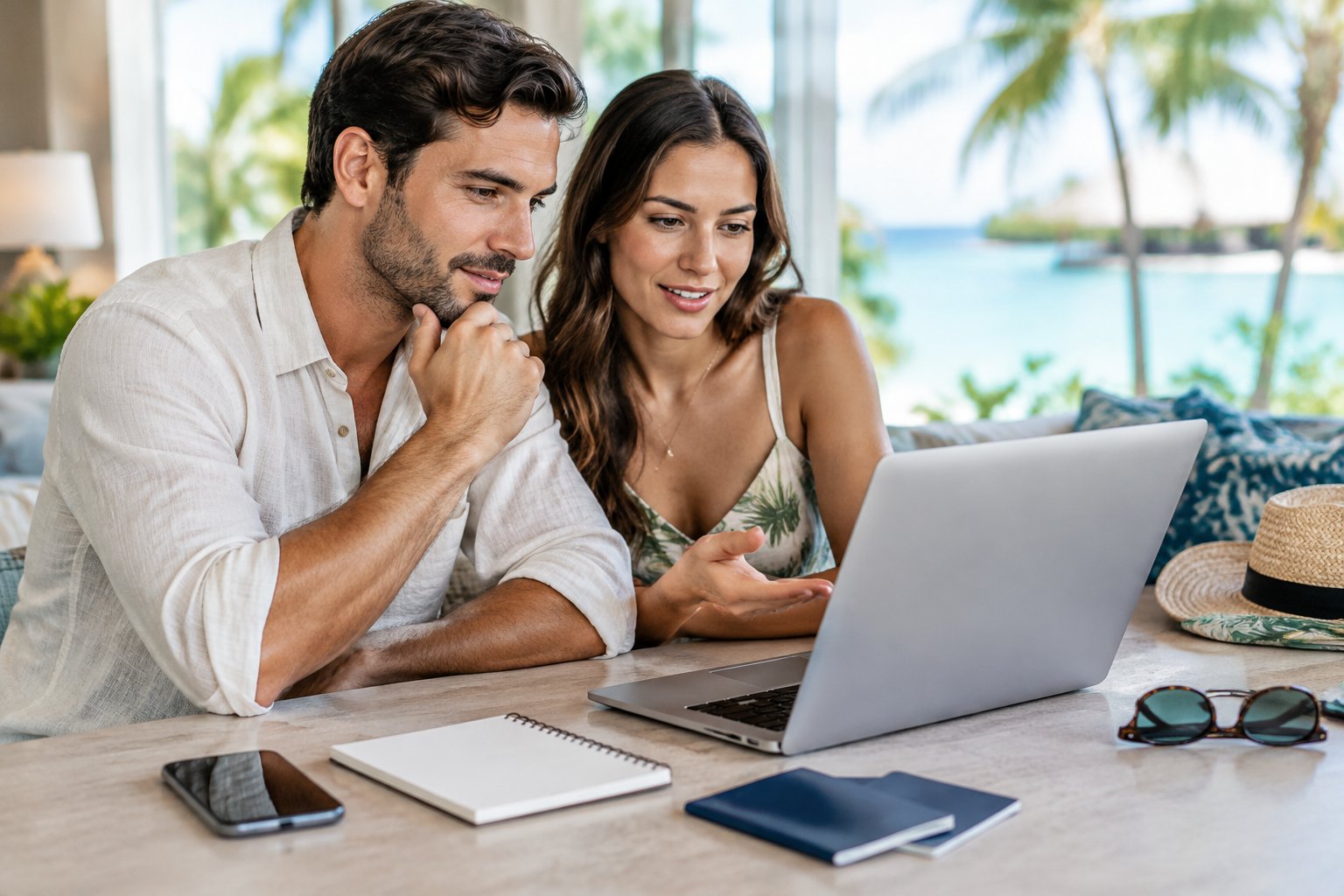 A couple compares vacation options on a laptop at a table.
