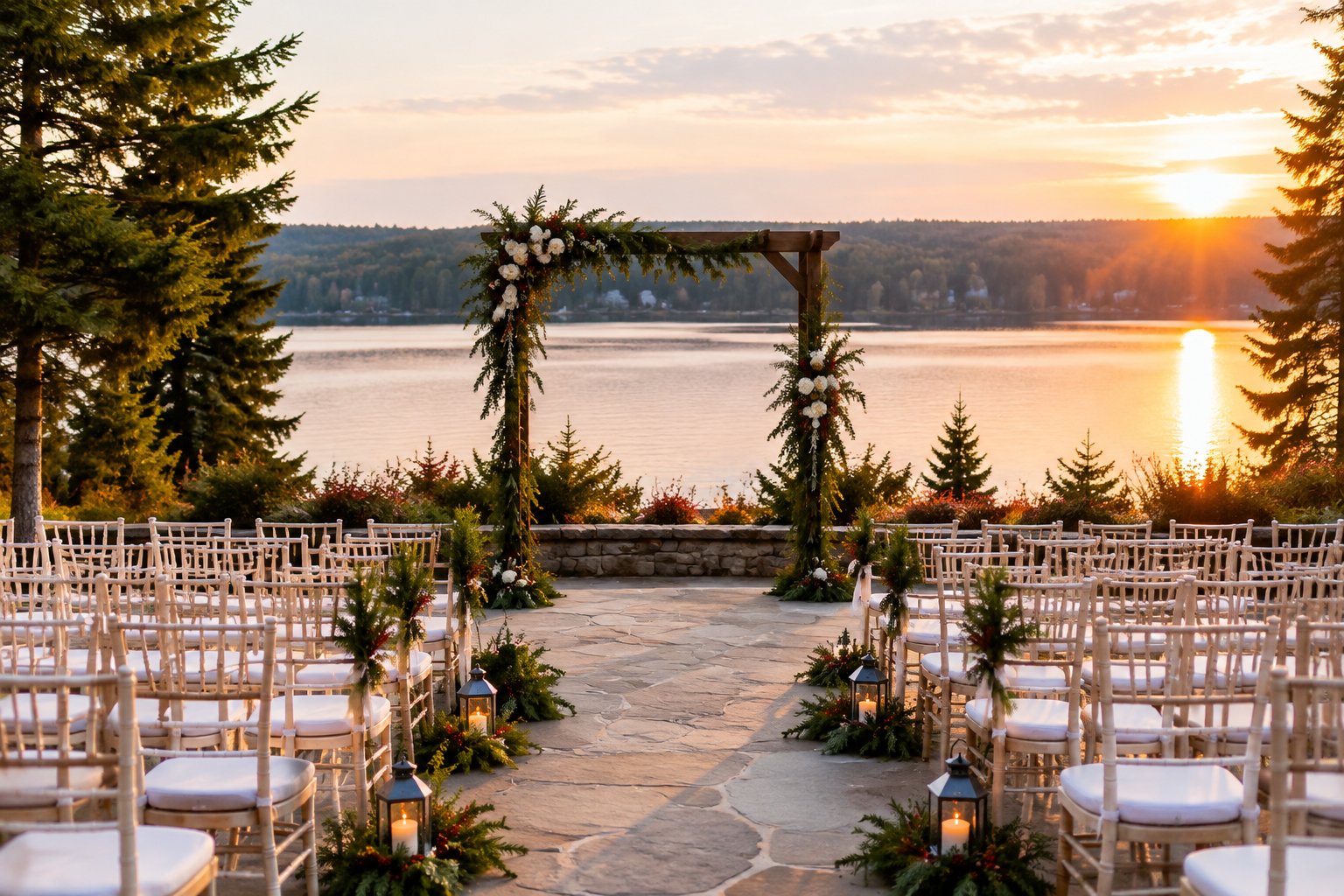 A decorated wedding ceremony area beside a lake.