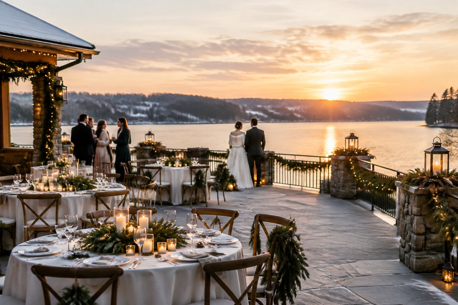 A couple celebrates at a decorated wedding reception beside a lake.