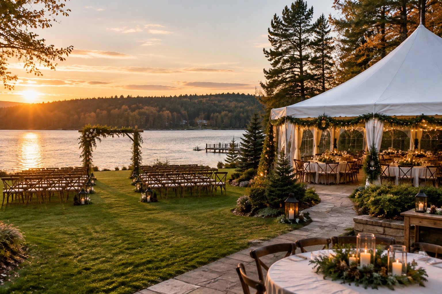 A lakeside wedding venue with a ceremony lawn and a decorated reception area.