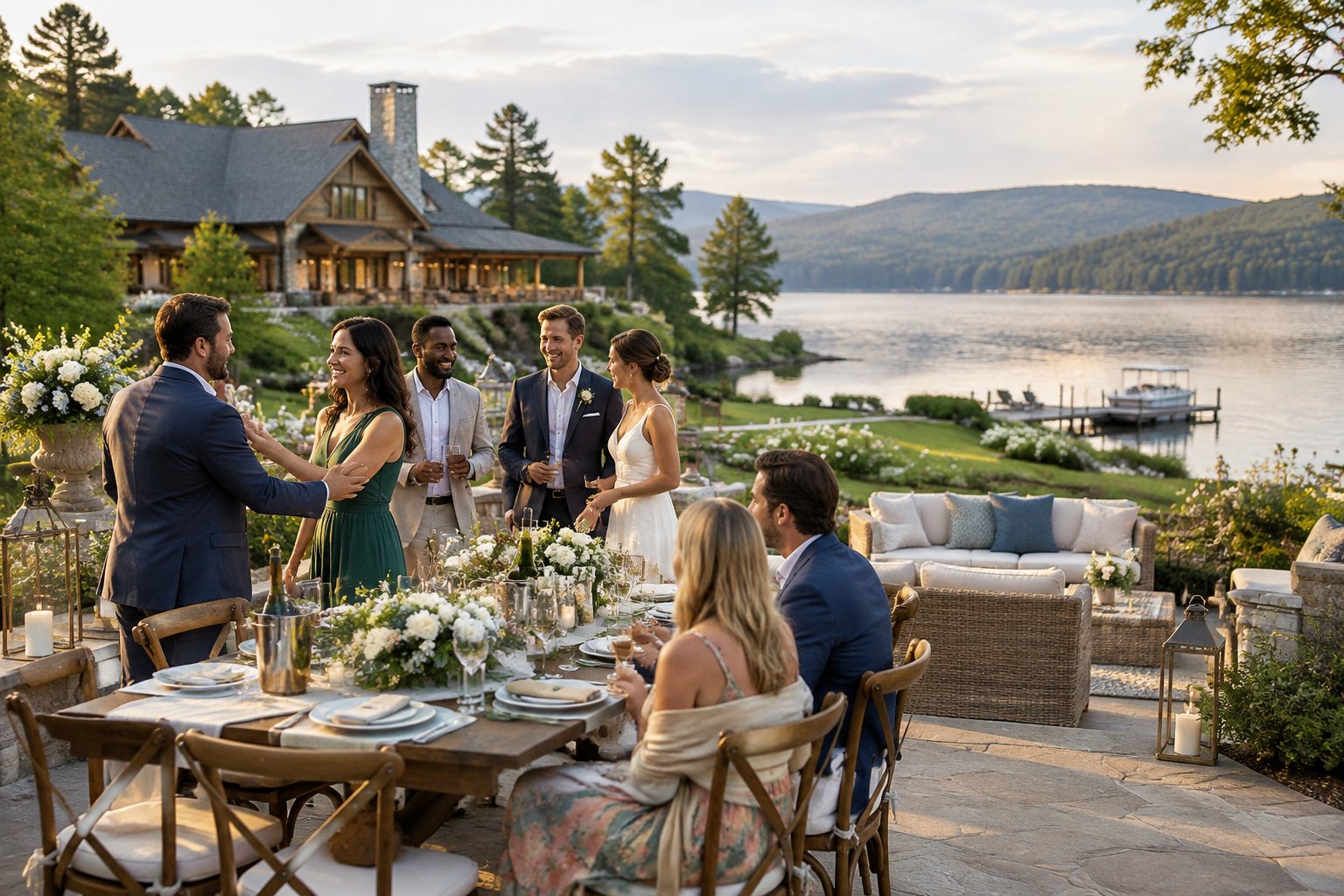 Wedding guests gather on a terrace beside a lakeside venue.