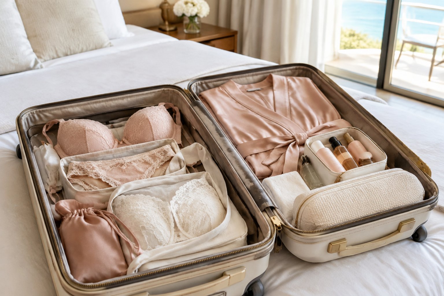 An open suitcase on a bed contains lingerie and neatly packed travel essentials.