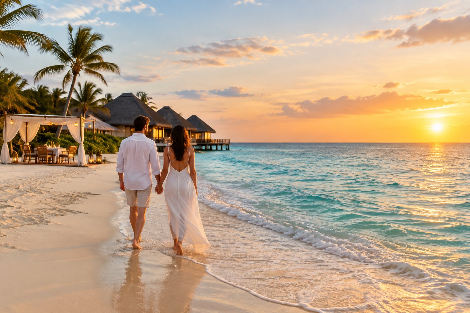 A couple walks hand in hand beside the ocean near a tropical beach resort.