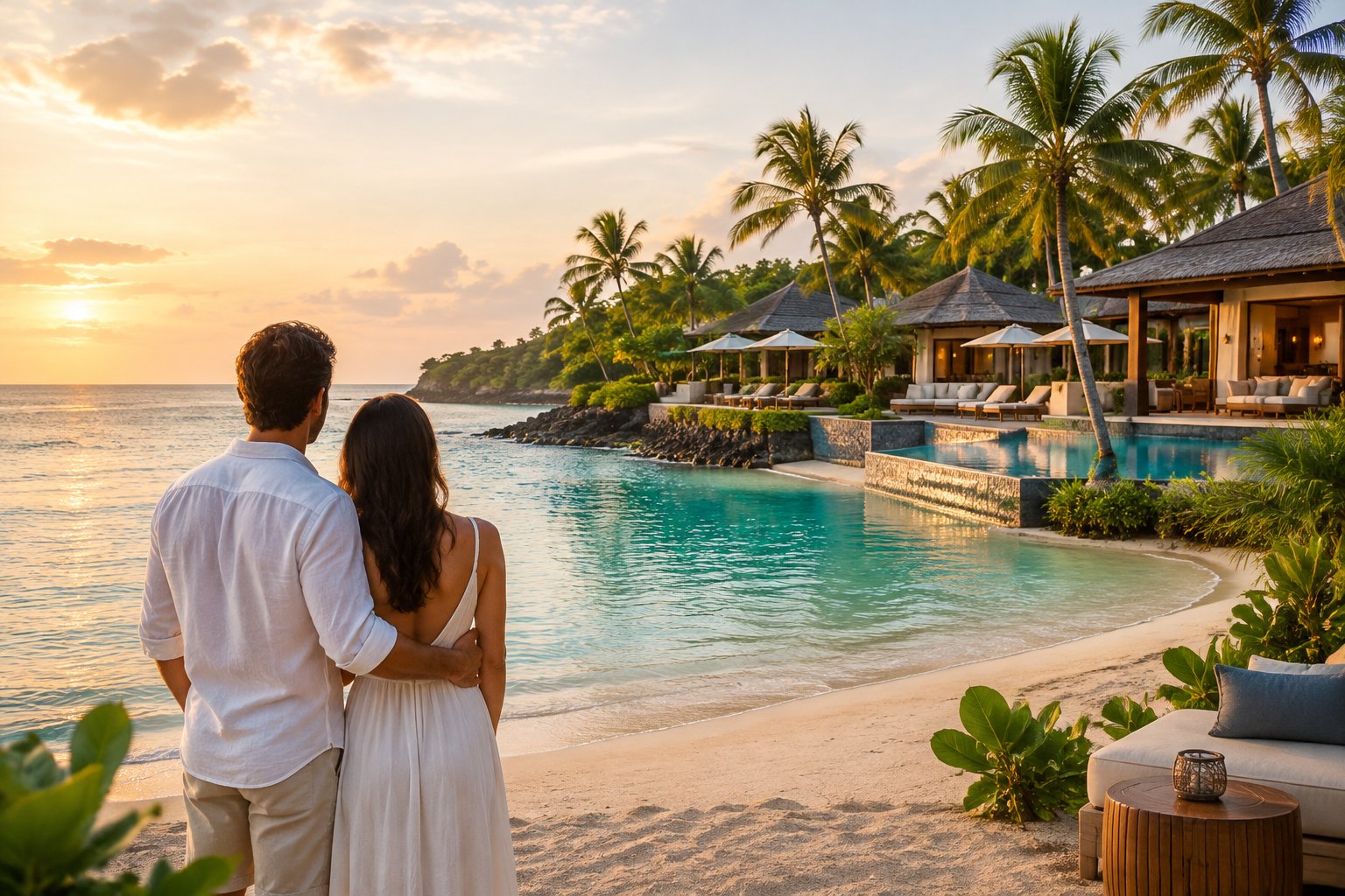 A newlywed couple looks toward a tropical beach resort from the shoreline.