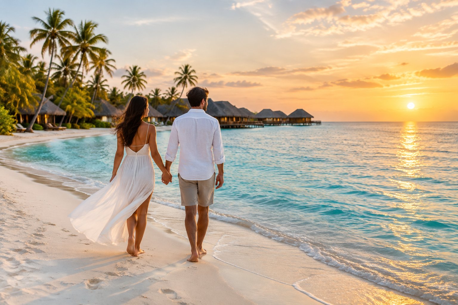 A newlywed couple walks hand in hand along a tropical beach near a resort.