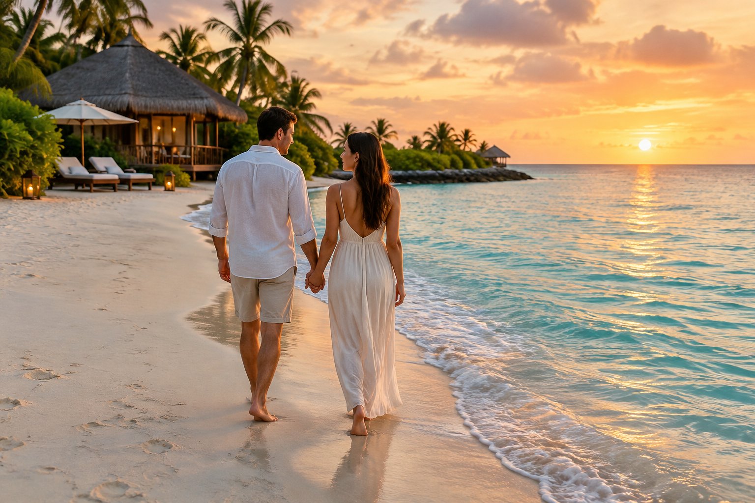 A couple walks hand in hand beside the ocean at a tropical beach resort.
