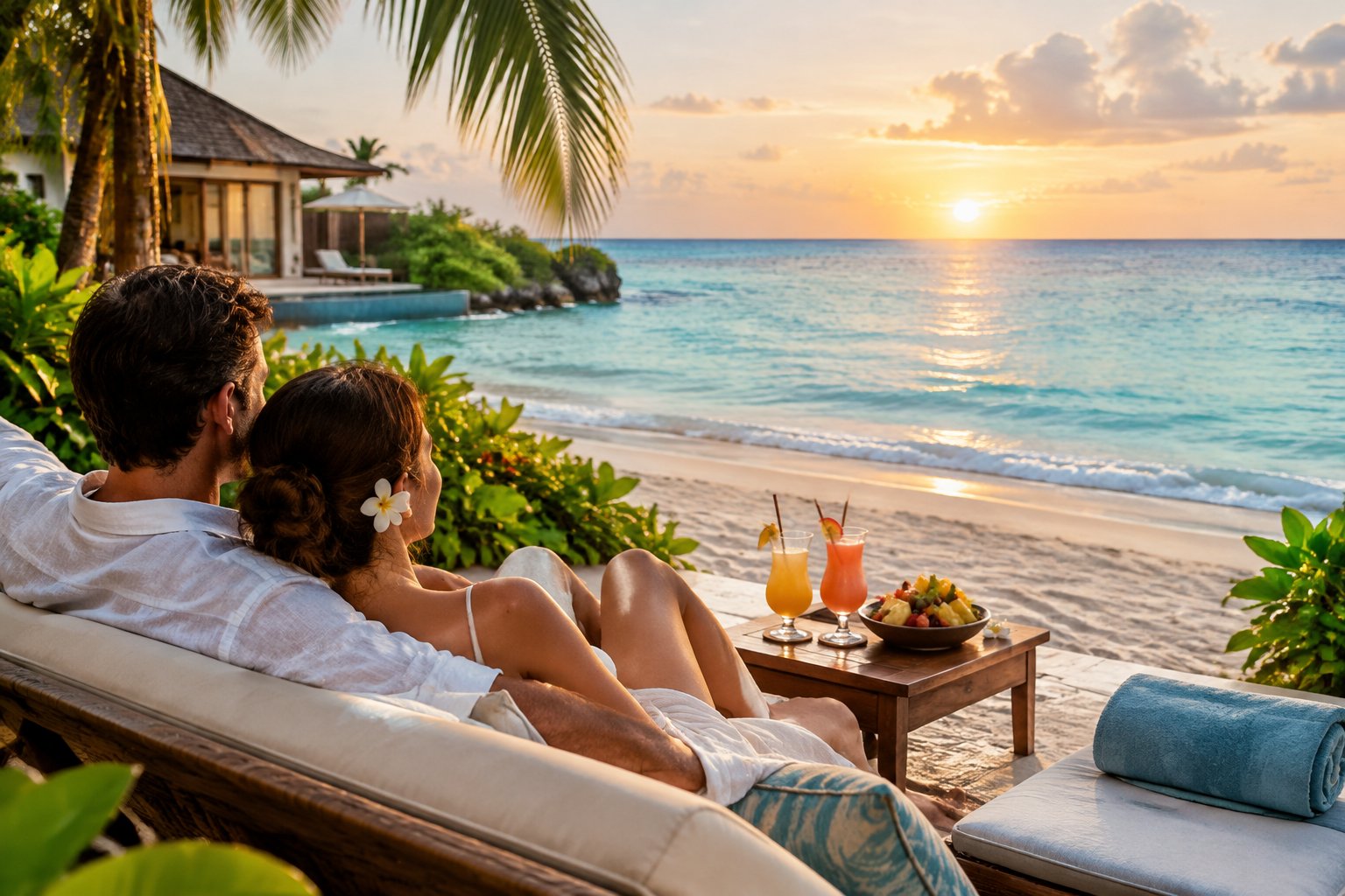 A newlywed couple relaxes on a beach resort terrace overlooking the ocean.