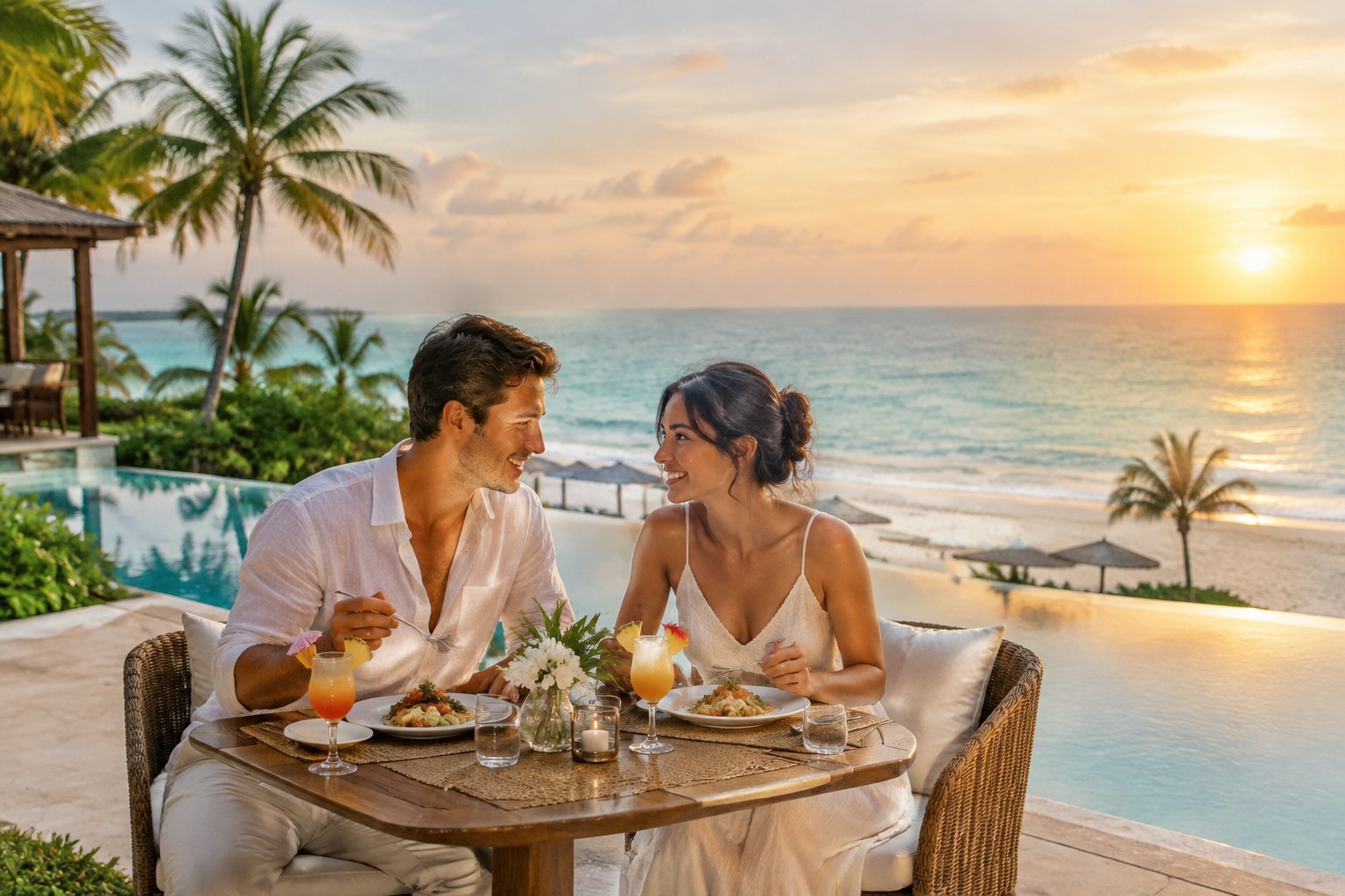 A newlywed couple shares a meal on a terrace overlooking a tropical beach.