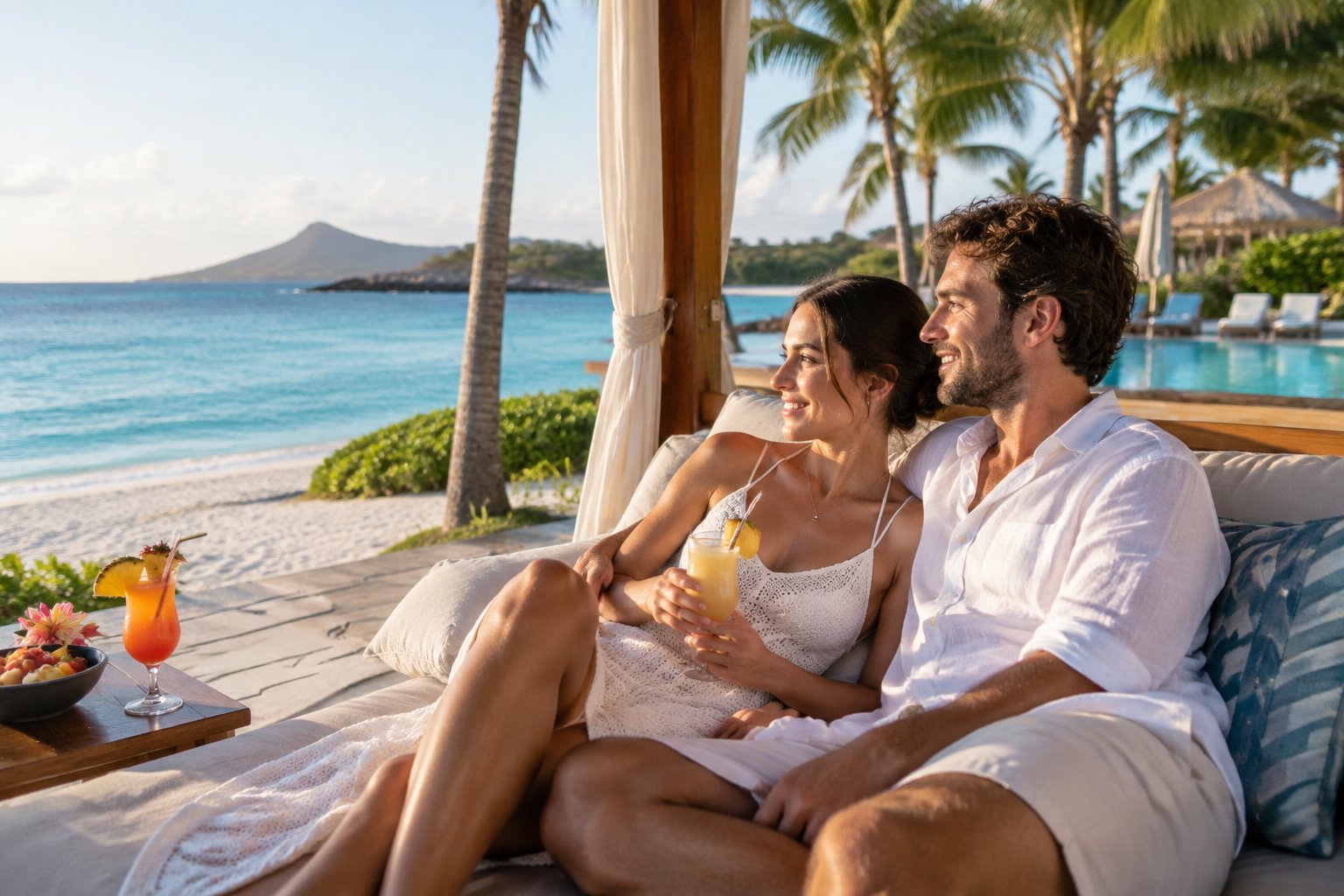 A newlywed couple relaxes beneath a beach cabana overlooking turquoise water.