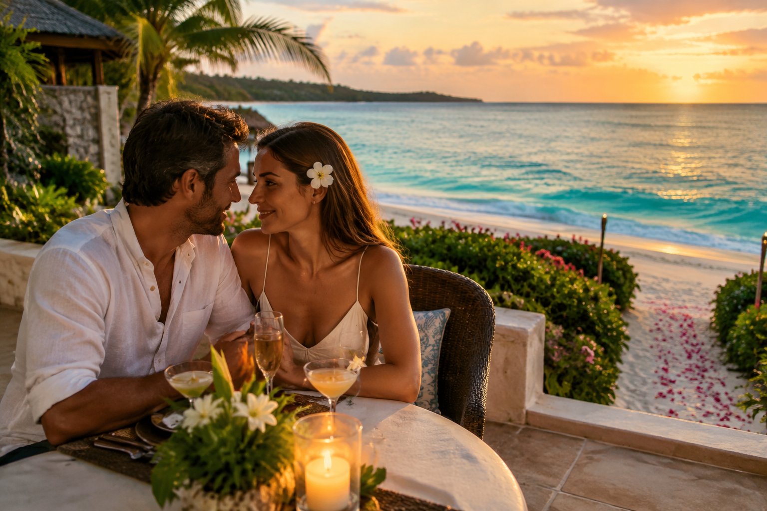 A newlywed couple shares a candlelit dinner on a terrace overlooking the ocean.