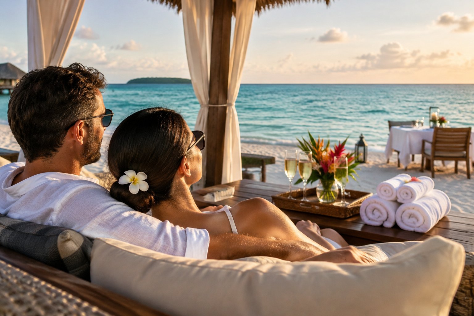 A newlywed couple relaxes together at a tropical beachfront resort.