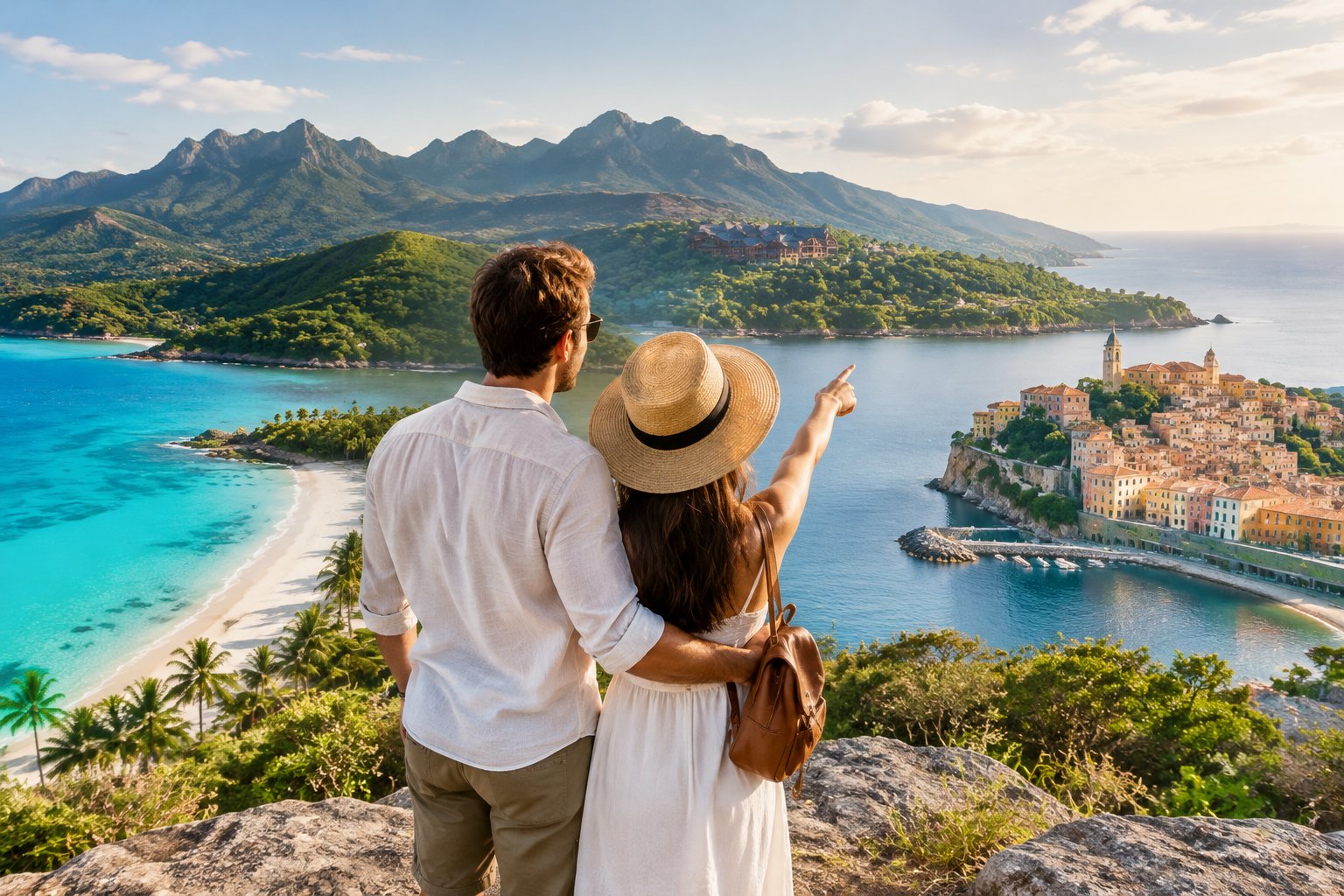 A newlywed couple looks out over a coastline with mountains and a seaside town.