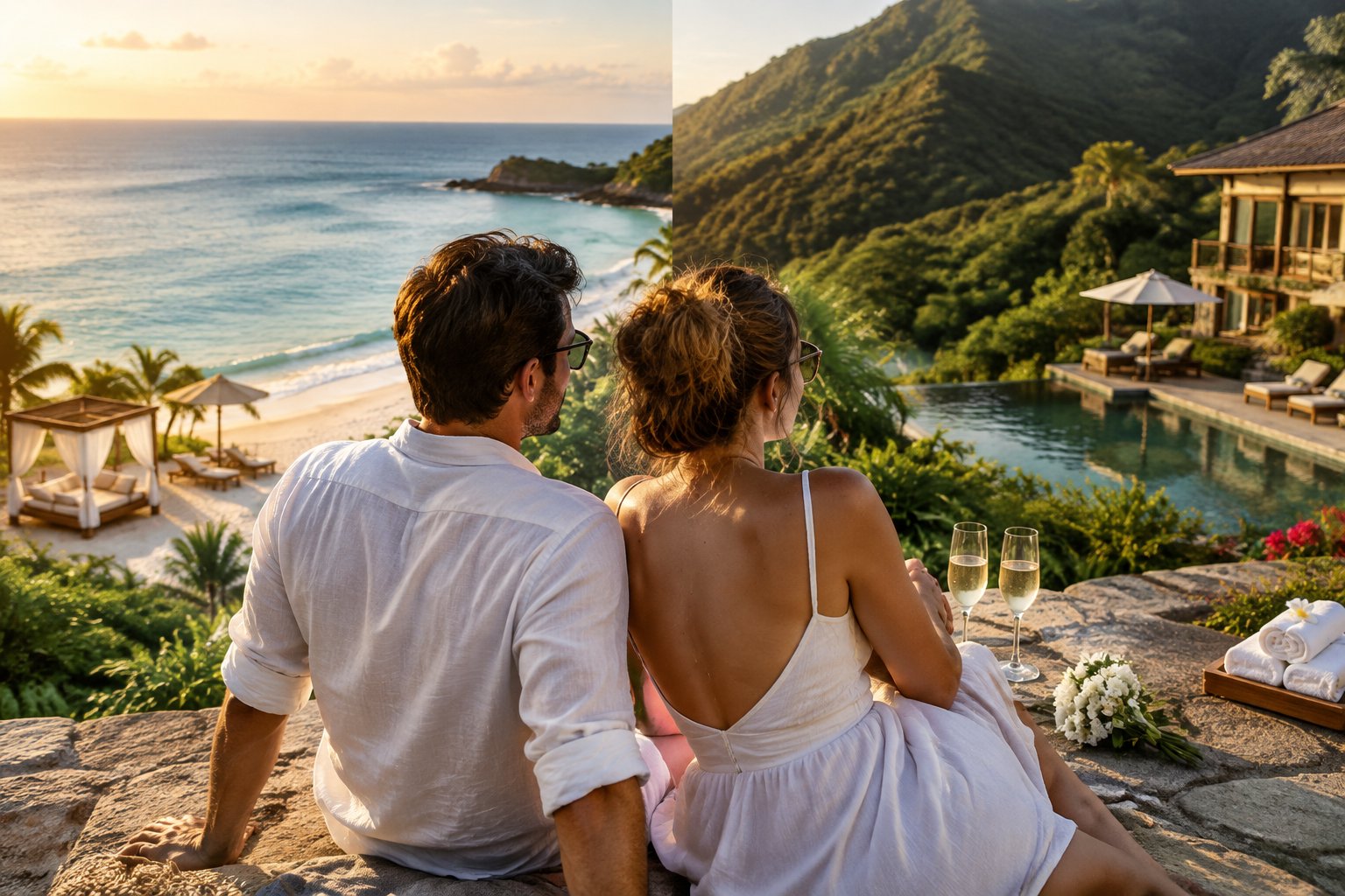 A newlywed couple considers a tropical beach resort and a lush hillside retreat.