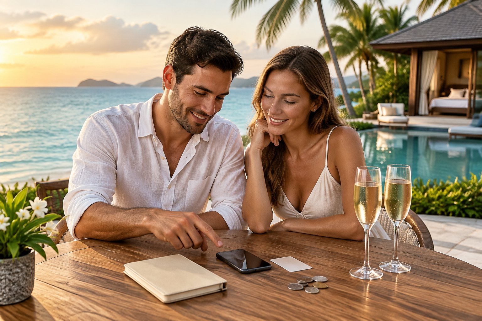 A newlywed couple compares travel items at a table overlooking a tropical resort.