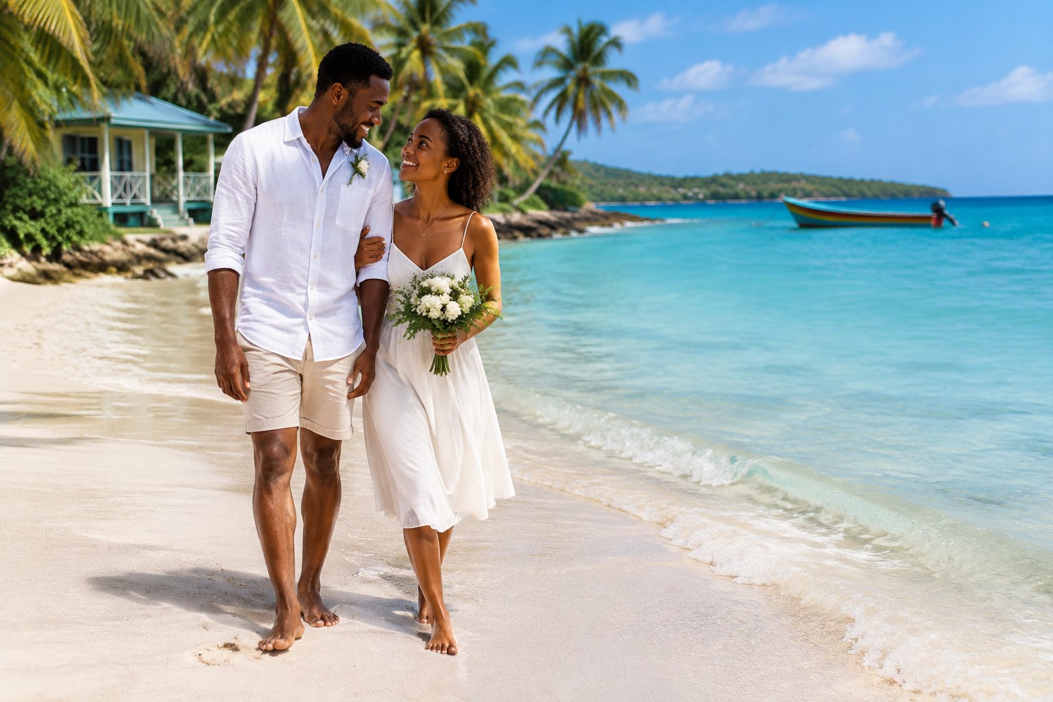 A newlywed couple walks along a tropical Caribbean beach.