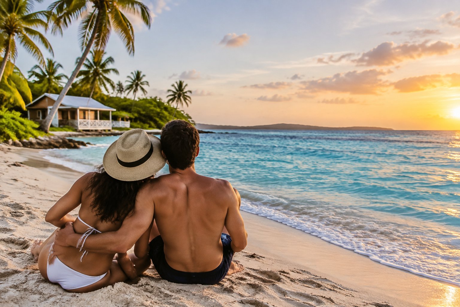 A couple relaxes together on a palm-lined Caribbean beach.