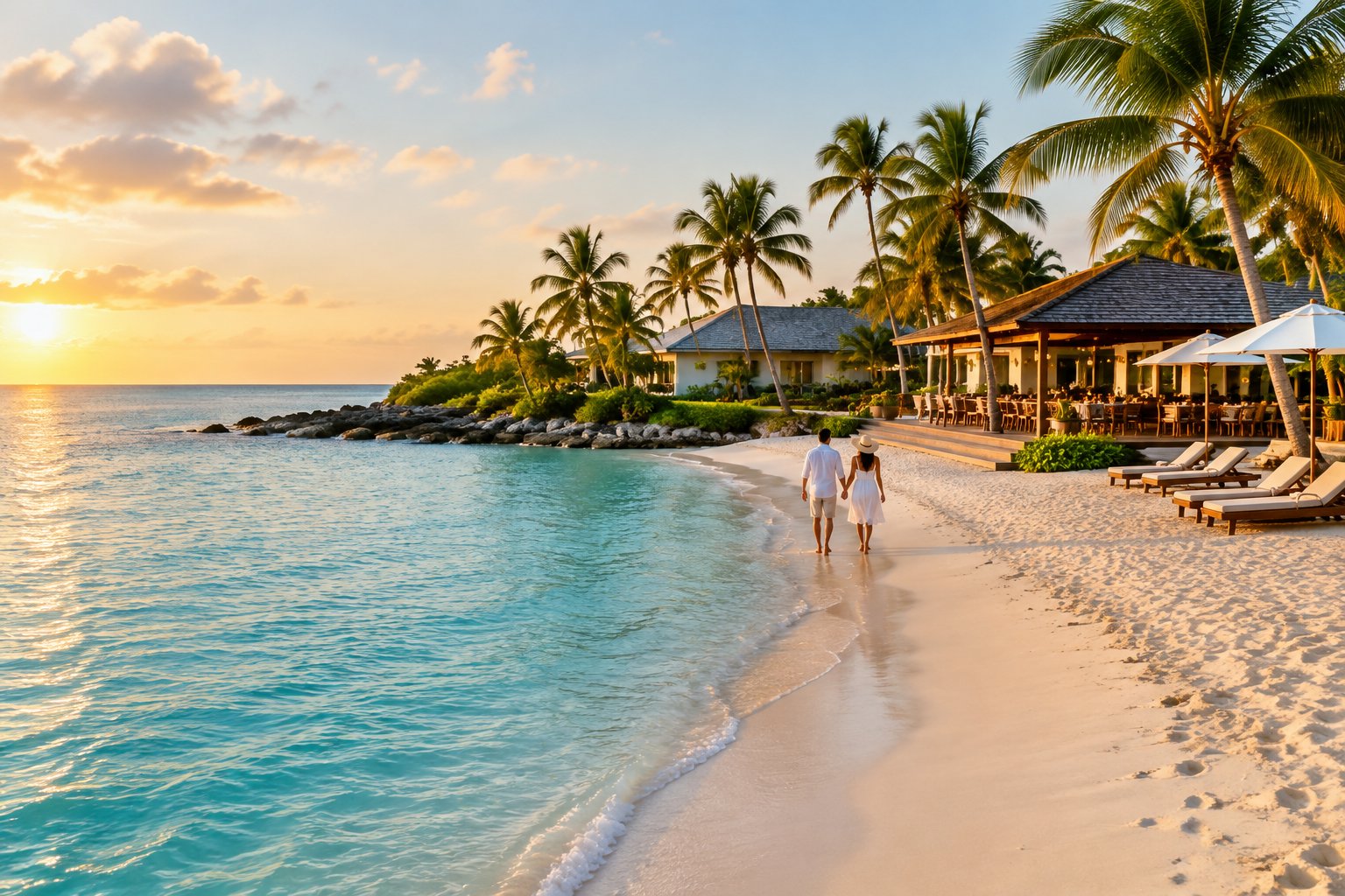 A newlywed couple walks along a tropical resort beach beside turquoise water.