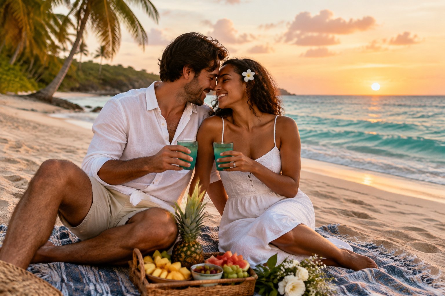 A newlywed couple shares a picnic on a tropical Caribbean beach at sunset.