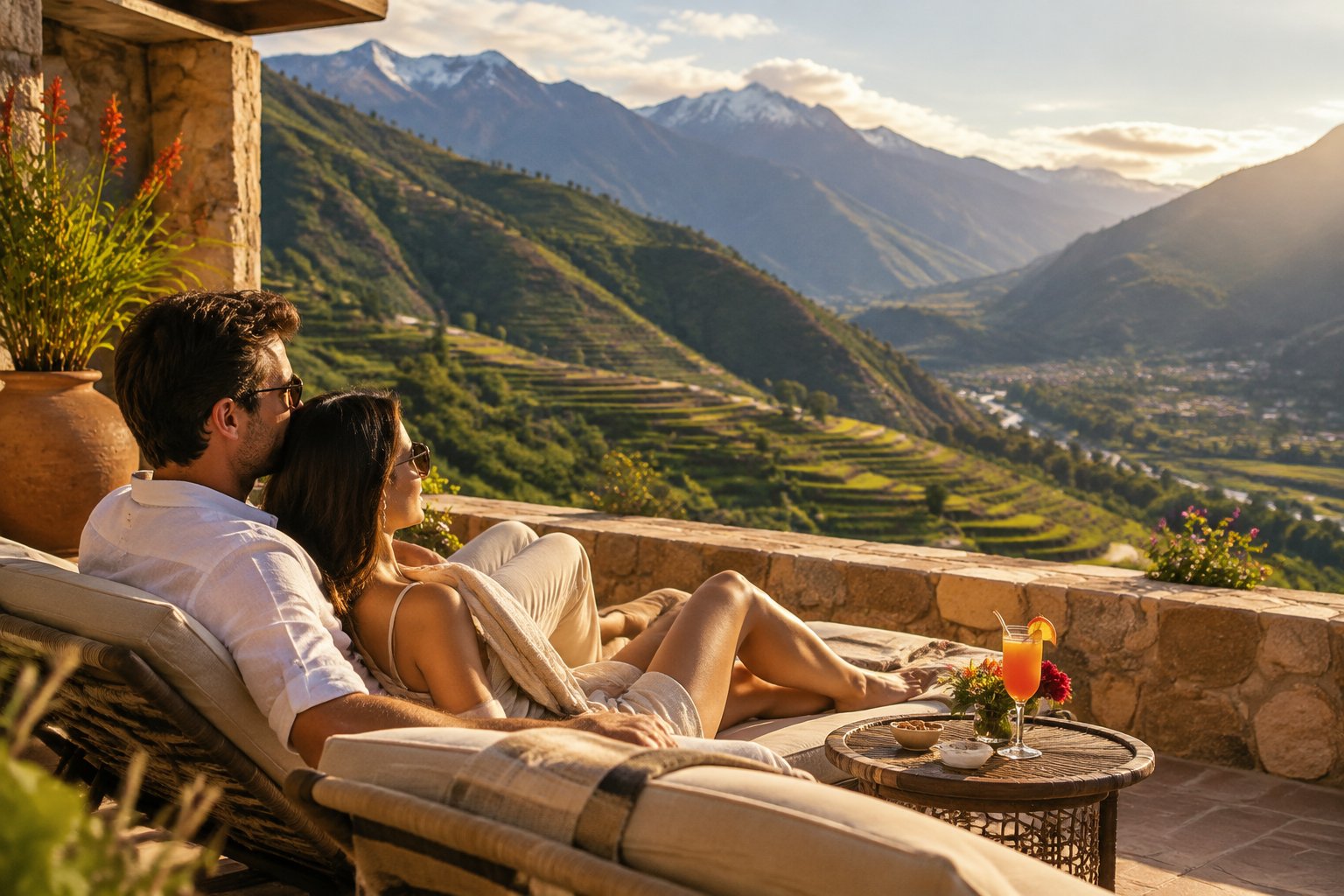 A couple relaxes on a resort terrace overlooking Peru’s green Sacred Valley.