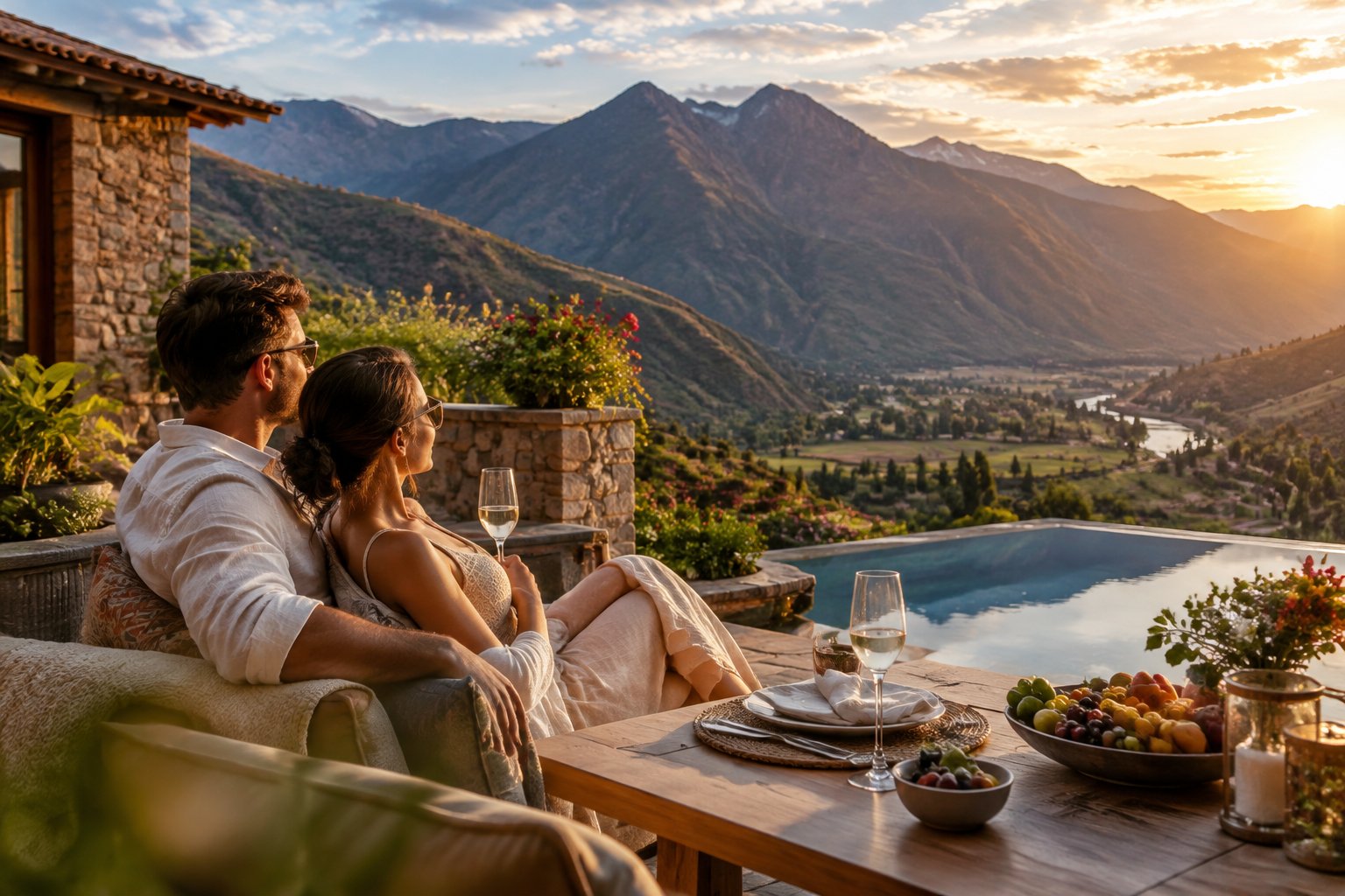A couple relaxes at a lodge overlooking the mountains of Peru.