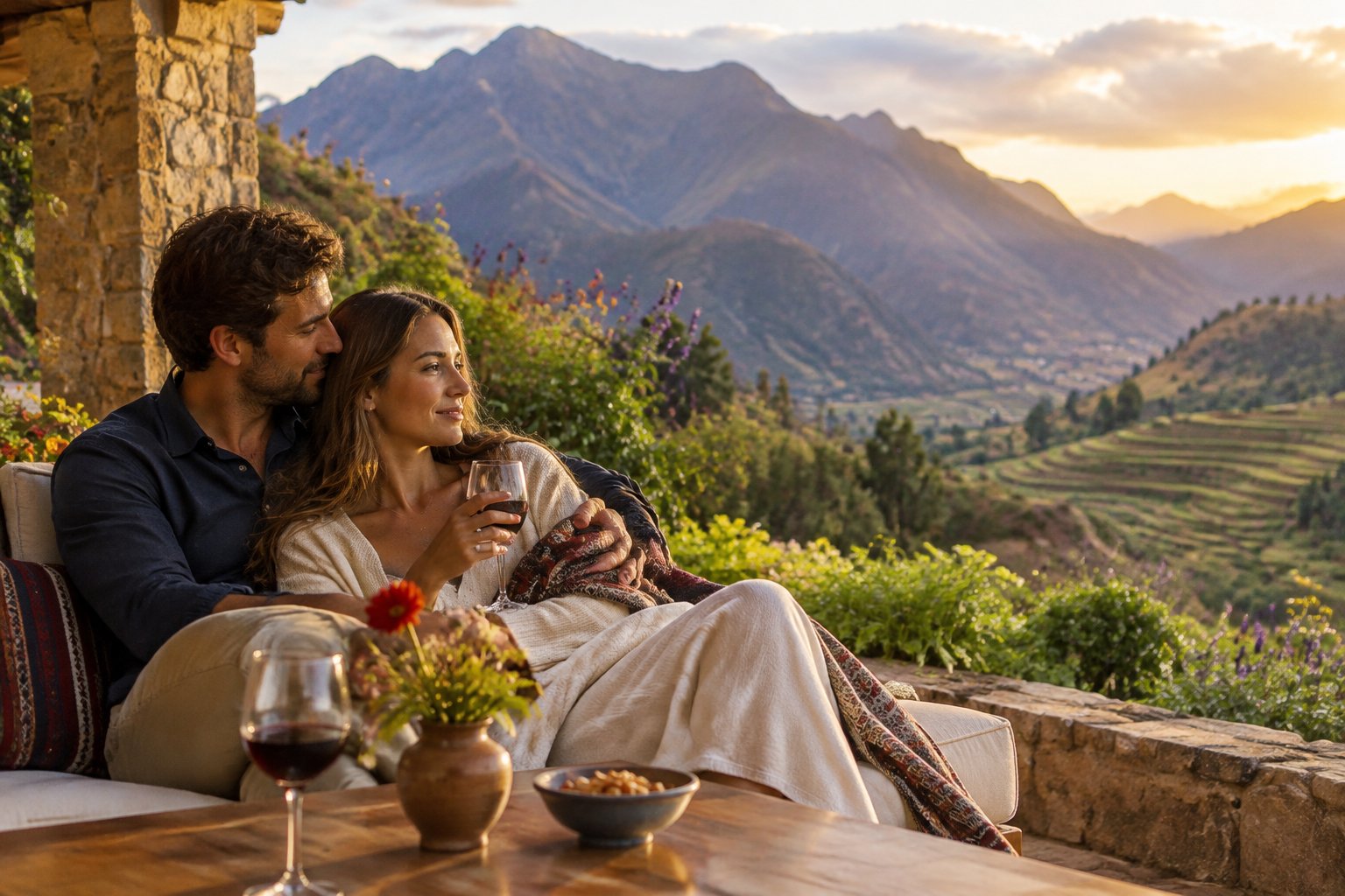 A couple shares a quiet moment on a terrace overlooking the Andes in Peru.