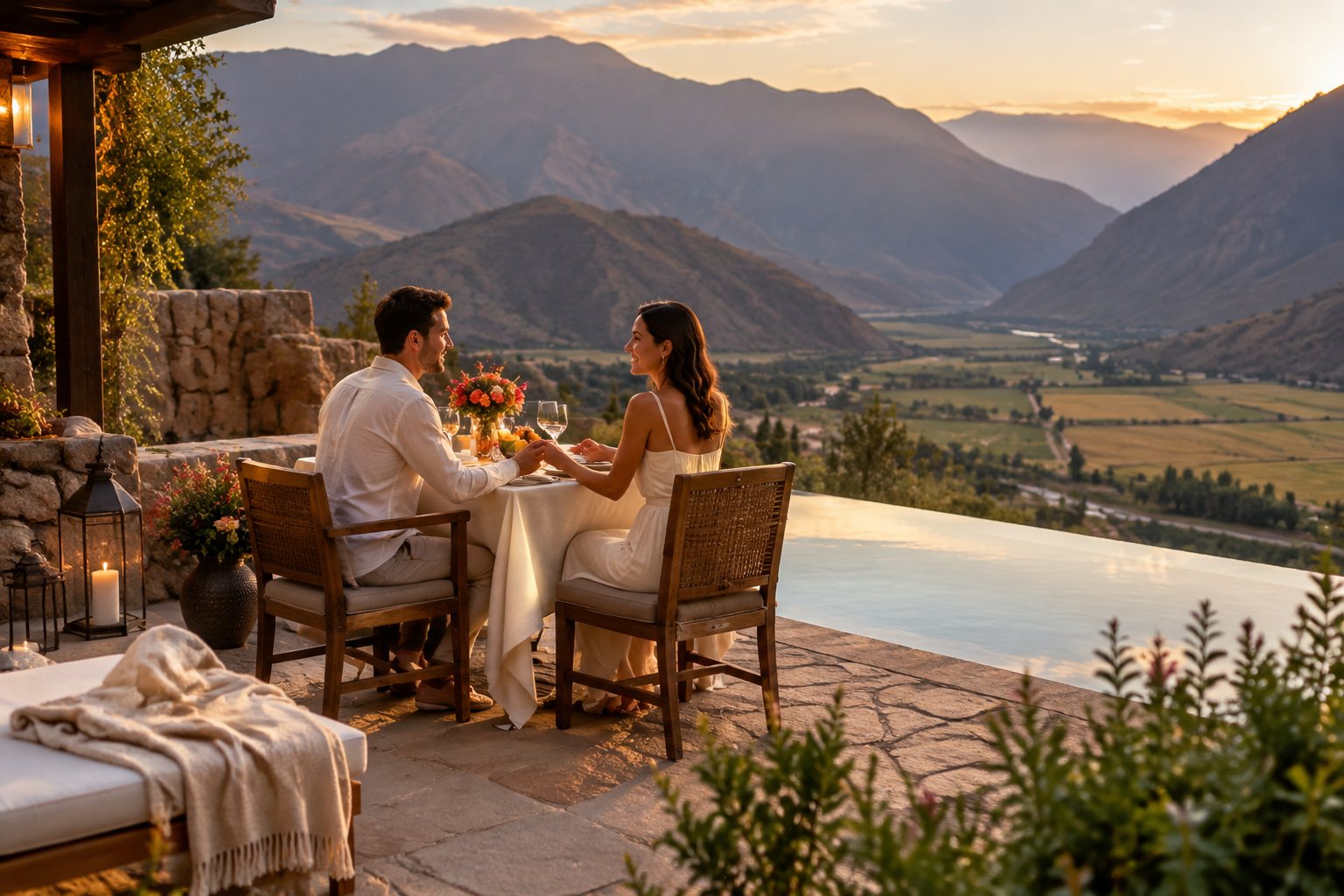 A couple enjoys a romantic dinner on a terrace overlooking Peru’s Sacred Valley.