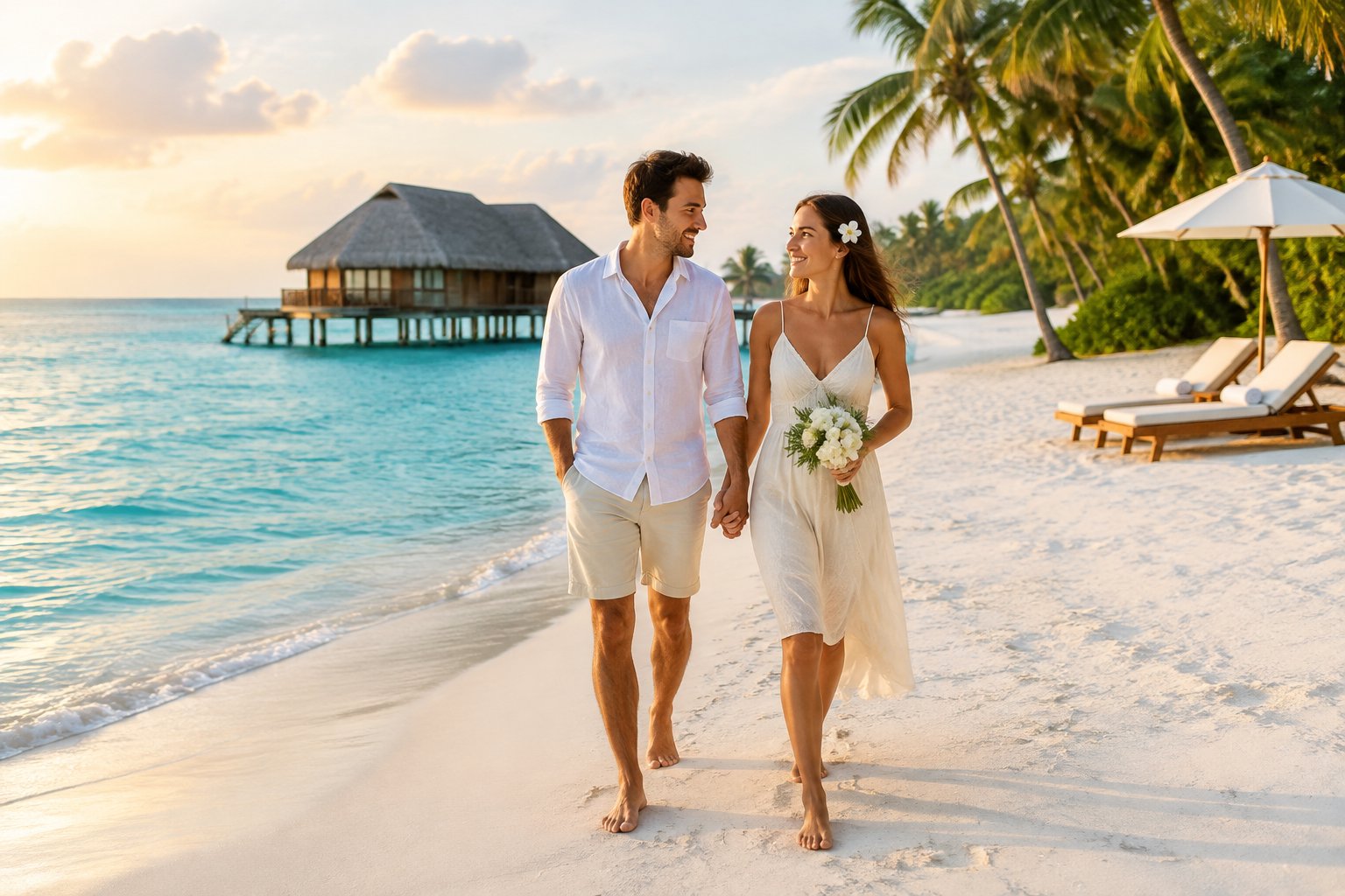 A newlywed couple walks hand in hand along a tropical beach beside a resort.