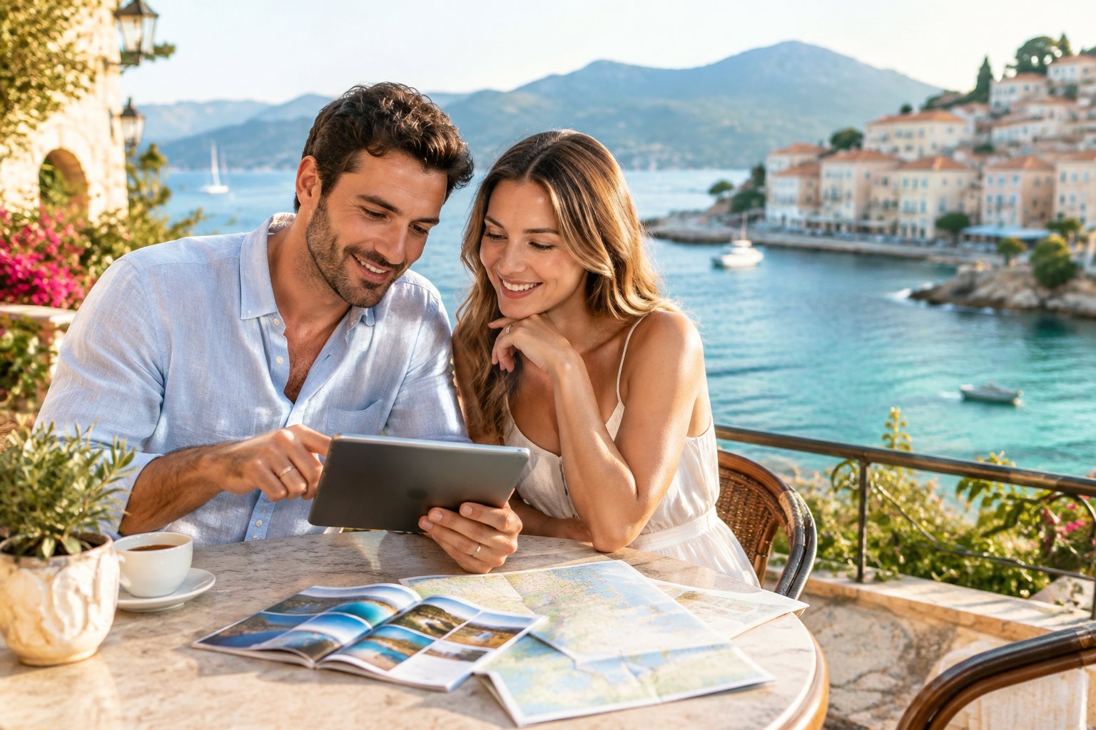 A newlywed couple compares travel options at a café overlooking the sea.