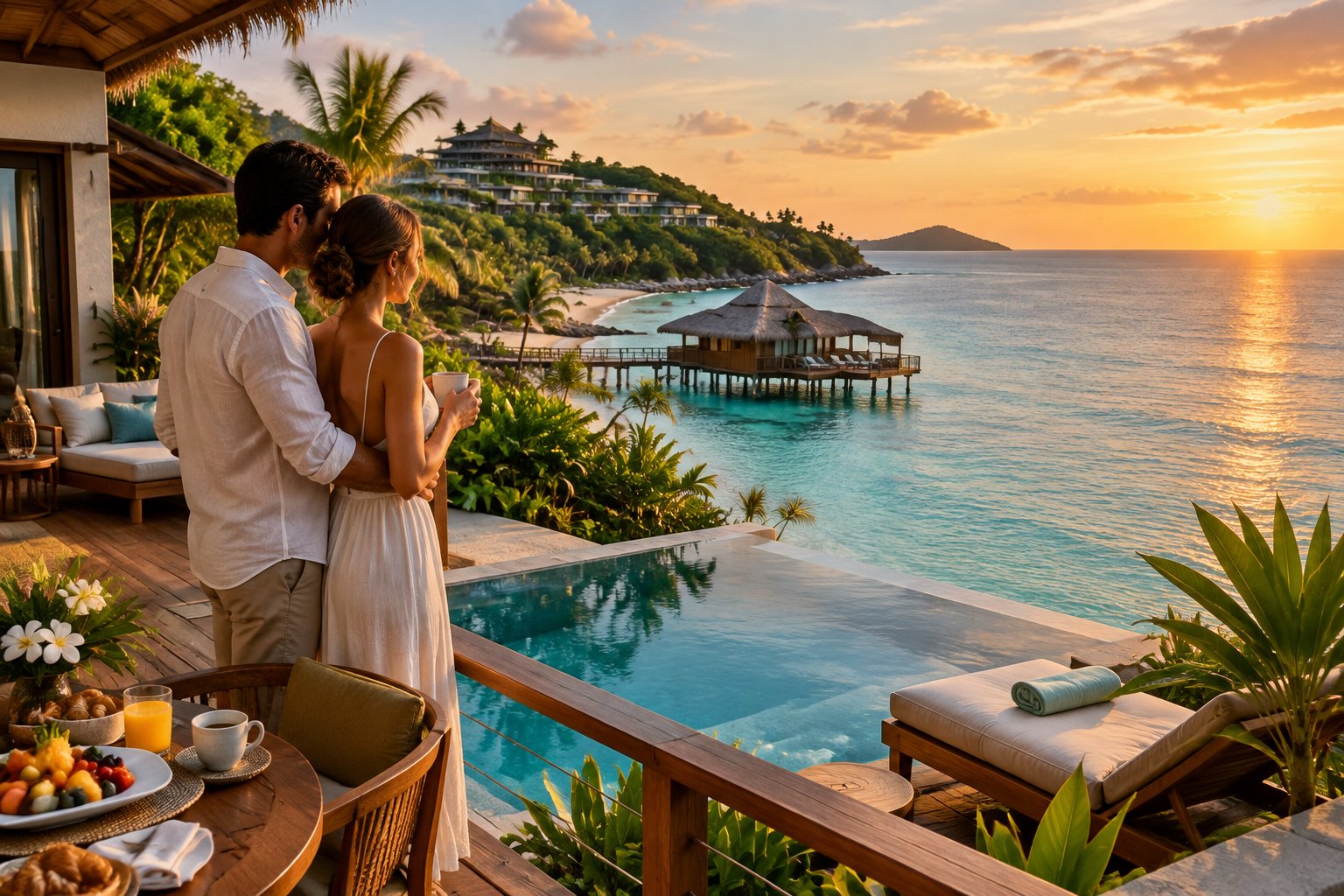 A newlywed couple relaxes on a tropical resort balcony overlooking the ocean.