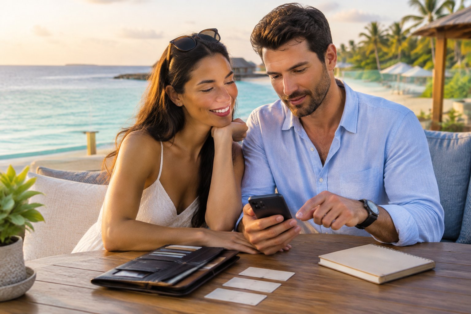 A newlywed couple plans a resort honeymoon together at a terrace overlooking the beach.