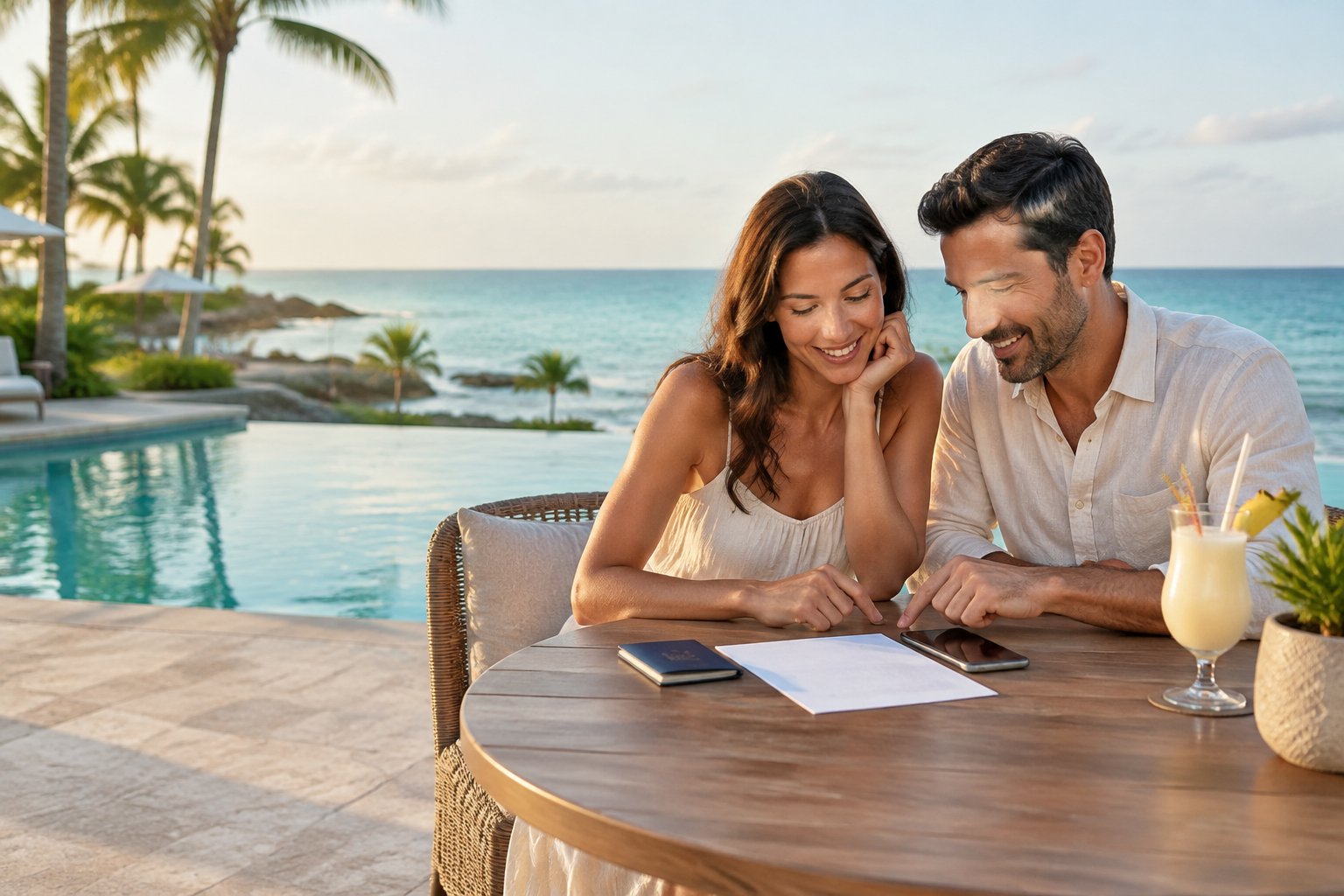 A newlywed couple reviews travel plans at a table overlooking a tropical resort.