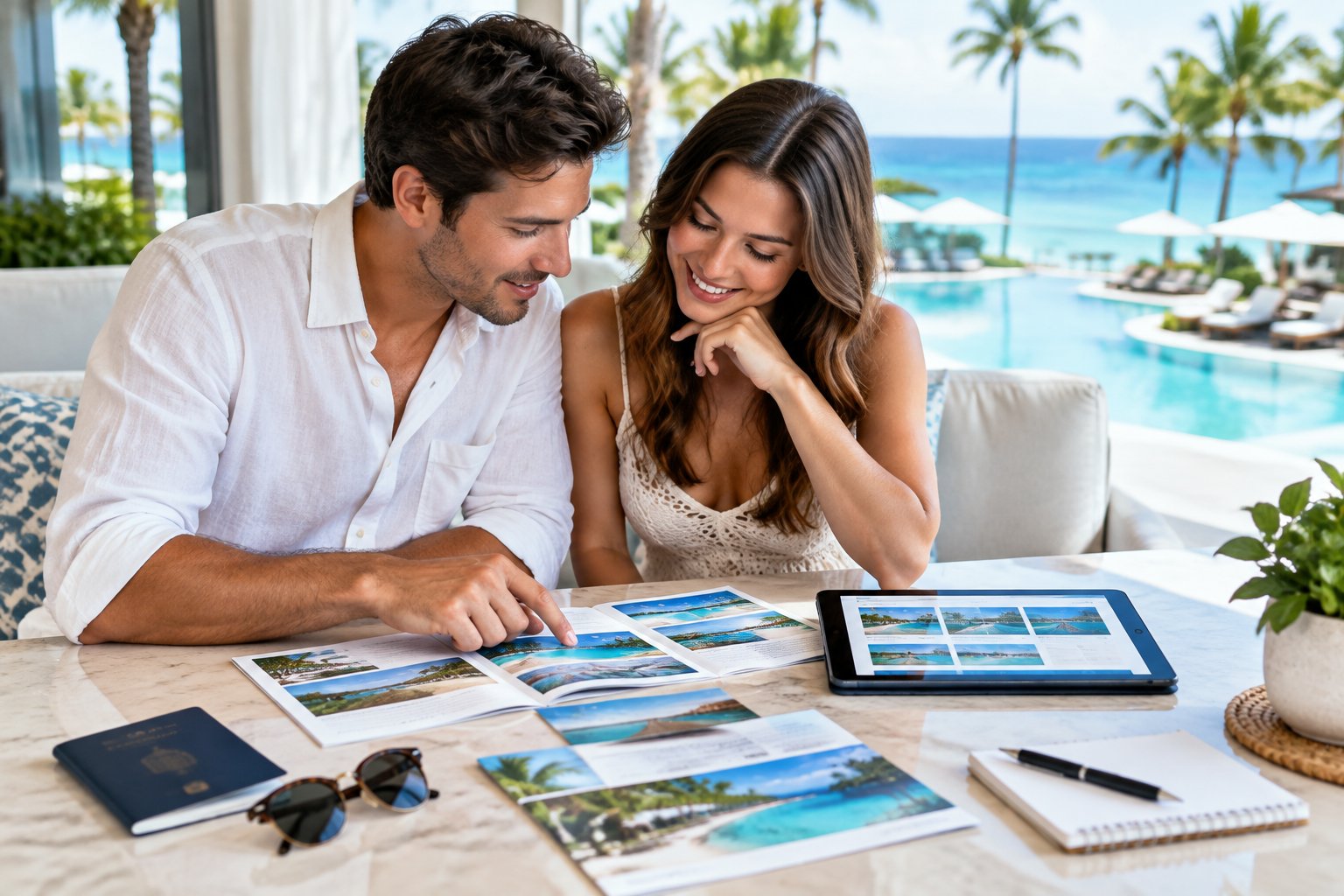 A couple reviews vacation brochures and a tablet at a table overlooking a tropical resort.