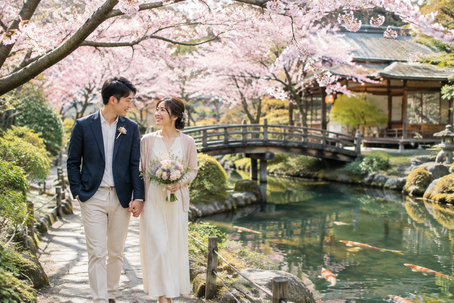 A newlywed couple walks hand in hand through a Japanese garden beneath cherry blossoms.