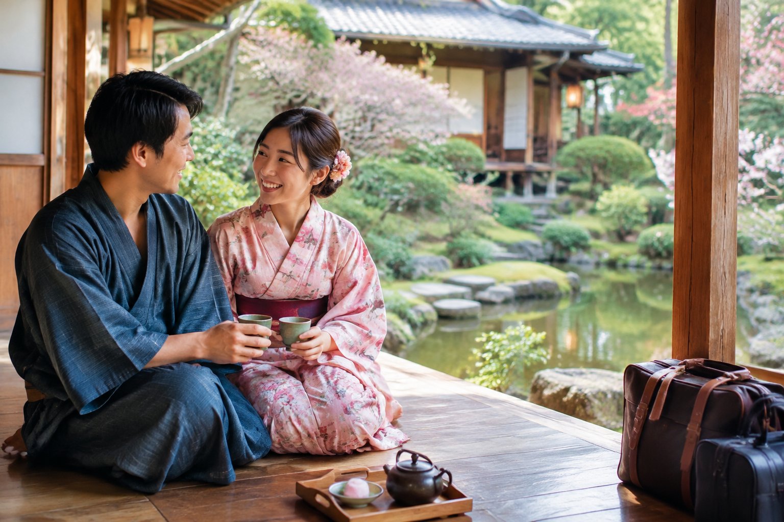 A newlywed couple shares tea on a ryokan veranda overlooking a Japanese garden.