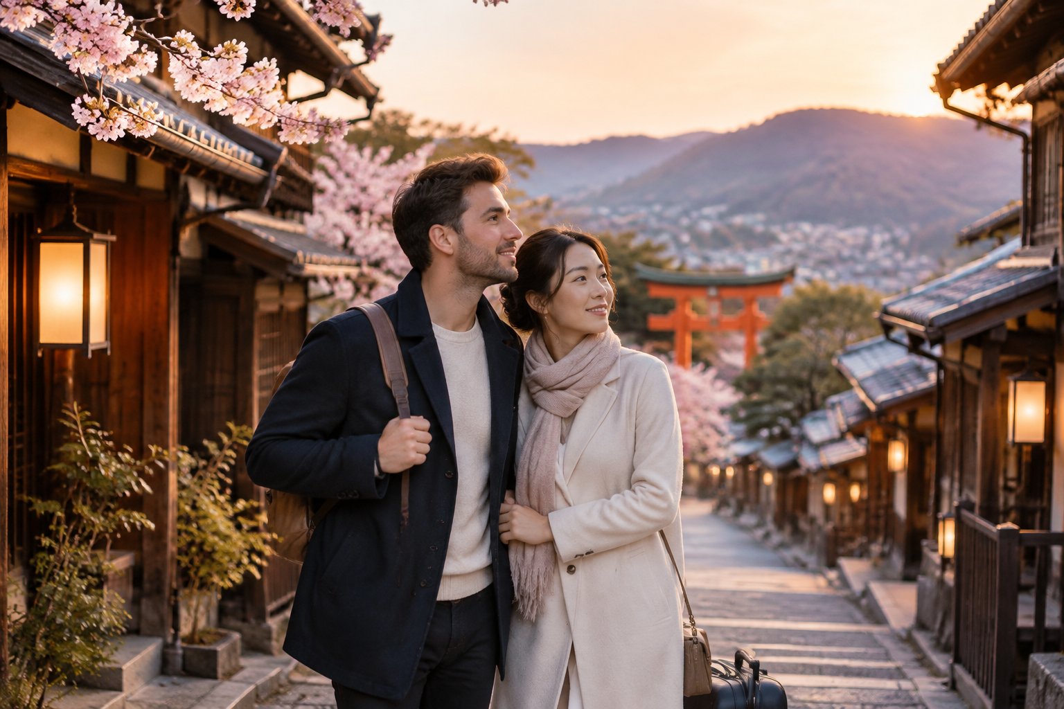 A newlywed couple explores a traditional Kyoto street beneath cherry blossoms.