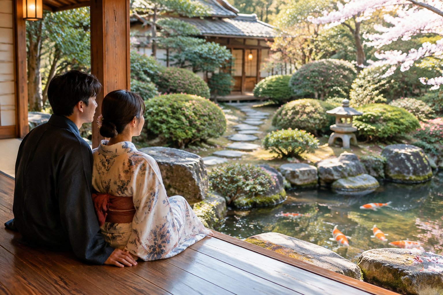A newlywed couple sits together on a ryokan veranda overlooking a Japanese garden.
