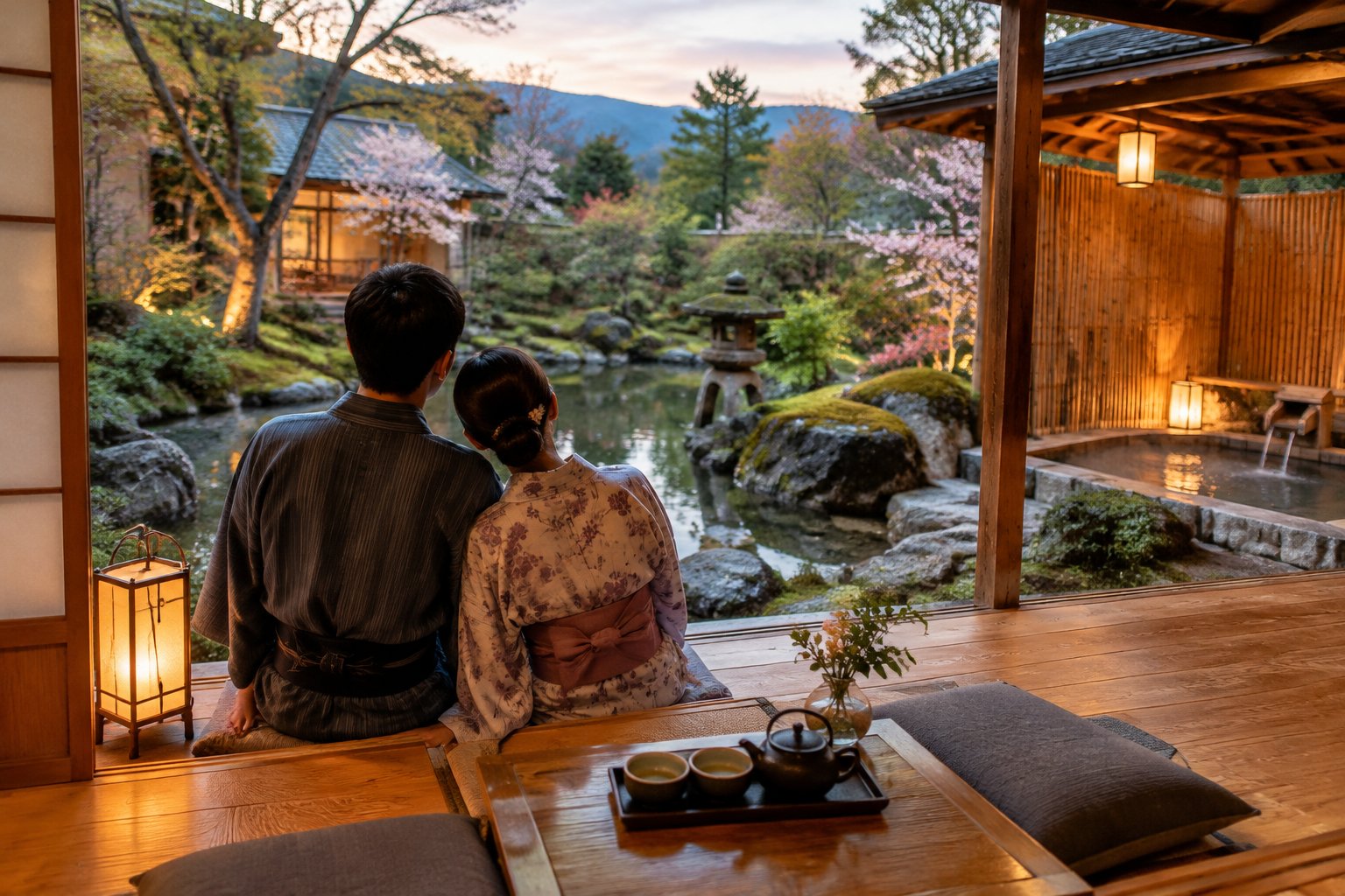 A couple relaxes on a ryokan veranda overlooking a Japanese garden.
