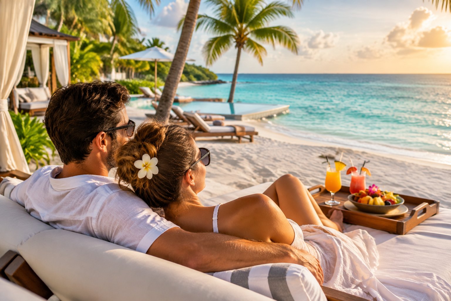 A newlywed couple relaxes together on a tropical beach beside a resort.