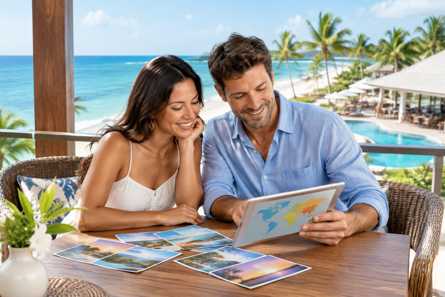 A couple compares vacation ideas on a tablet at a beachfront resort.