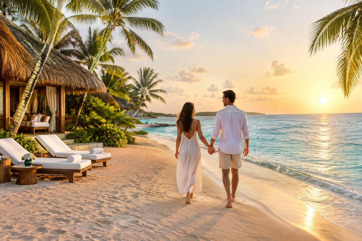 A newlywed couple walks hand in hand along a tropical beach beside a resort.